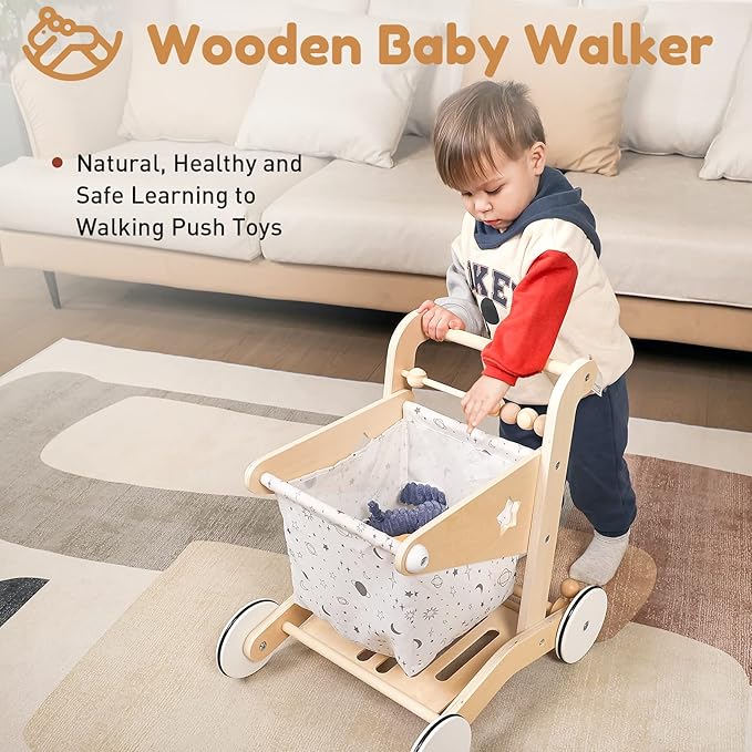 Wooden Baby Walker Doll Stroller | Adjustable Speed Shopping Cart for Toddlers 1-3
