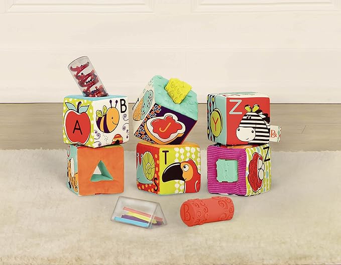 B. Toys Soft Fabric Building Blocks for Toddlers - Educational Alphabet Blocks with Textured Shapes - Stack & Play ABC Blocks for 6 Months+