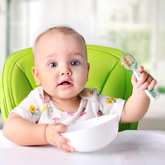 NumNum Baby Spoons Set, Pre-Spoon GOOtensils for Kids Aged 6+ Months - First Stage, Baby Led Weaning (BLW) Spoon - Self Feeding, Silicone Toddler Food Utensils - 2 Spoons, Gray/Green