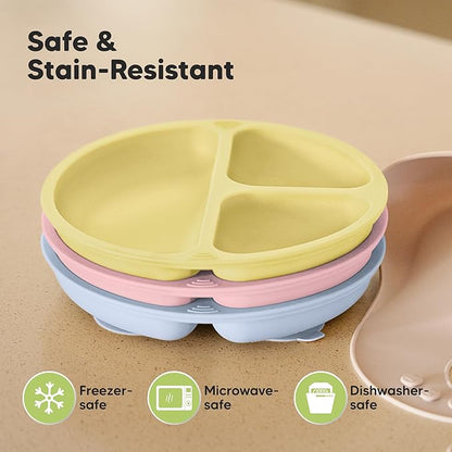 KeaBabies Suction Plates for Baby, Toddler - 3-Pack 100% Silicone Toddler Plates, Divided Baby Plates with Suction, Silicone Plates for Baby, Kids, BPA-Free, Microwave, Dishwasher Safe (Popsicle)