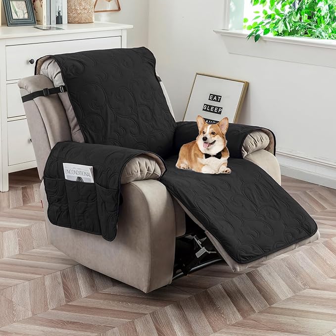 100% Waterproof Recliner Chair Cover, Recliner Chair Covers for Reclining Chair, Non-Slip Fabric Recliner Couch Cover for Living Room, for Pets Kids Protector, Washable (Black, 28"Recliner Chair)