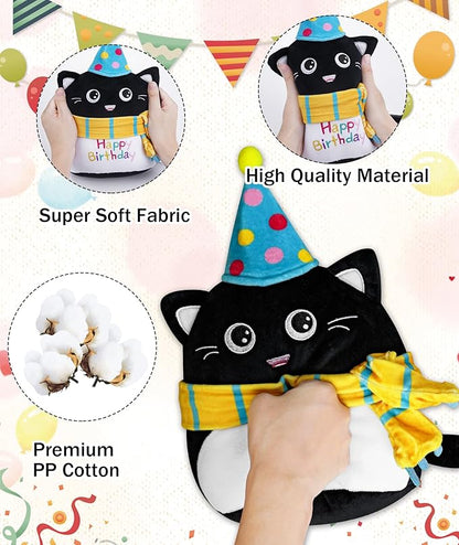 Stuffed Cat Birthday Plush Gift - Adorable Black Cat Stuffed Doll, Cute Birthday Hat and Scarf, Soft Huggable for Kids, Cute Decor, 8 Inch