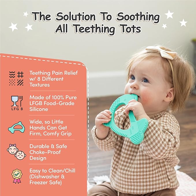 Baby’s Aid Dolphin Silicone Baby Teether, Easy to Hold Teething Toy for Pain Relief 3+ Months, 8X Teething
