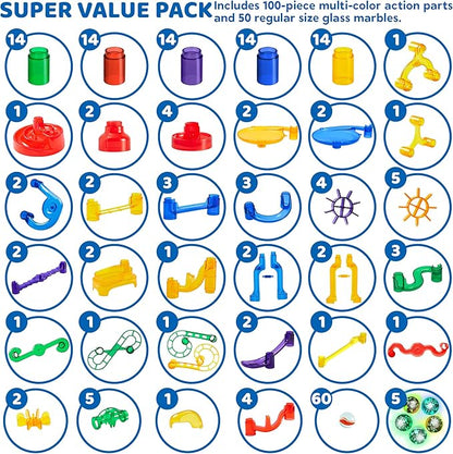 JOYIN 207Pcs Glowing Marble Run, Construction Building Blocks Toys with 5 Glow in The Dark Glass Marbles, STEM Toy for Boys and Girls, Educational Toy(147 Plastic Pieces + 60 Glass Marbles)