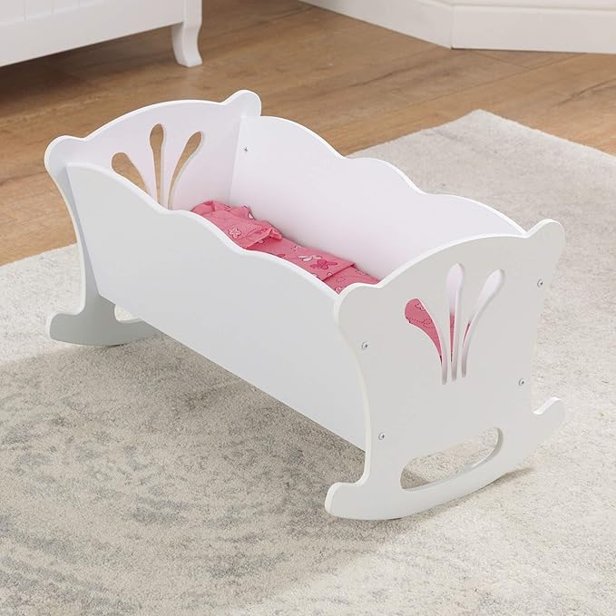 KidKraft Wooden White Lil' Doll Rocking Cradle with Pink Butterfly 18-Inch Baby 3+