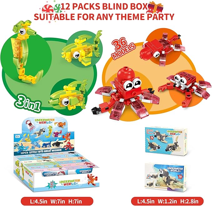 Party Favors for Kids, 12 Pack 36 Kinds of Animals Building Block Toy Stocking Stuffer Classroom Prize Goodie Bags Easter Gift Building Set 6-12+