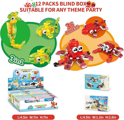 Party Favors for Kids, 12 Pack 36 Kinds of Animals Building Block Toy Stocking Stuffer Classroom Prize Goodie Bags Easter Gift Building Set 6-12+