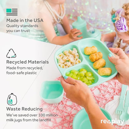 Re-Play Made in USA 7" Deep Walled Divided Plates for Kids, Set of 3 With 3 Lids - Reusable 3 Compartment Plates, Dishwasher and Microwave Safe - 7.37" x 7.37" x 1.25", Butterfly