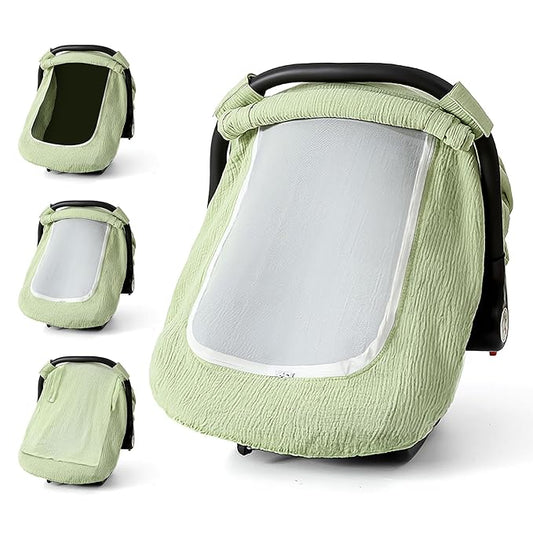 Muslin Cotton Car Seat Cover Baby, Universal Fit Carseat Cover for Baby, Infant Car Seat Cover with Mesh Peep Window, Baby Car Seat Cover for Carrier, Stroller, High Chair, Shopping Cart (Green)