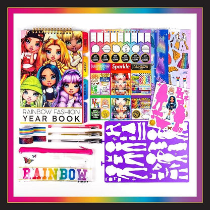 Rainbow High Fashion Runway by Horizon Group USA, Dress Up 6 Die-Cut Dolls, 100+ Accessories Including Fabrics & Repositionable Stickers, Includes Reusable Tote Bag & Pop-Out Runway, Multi