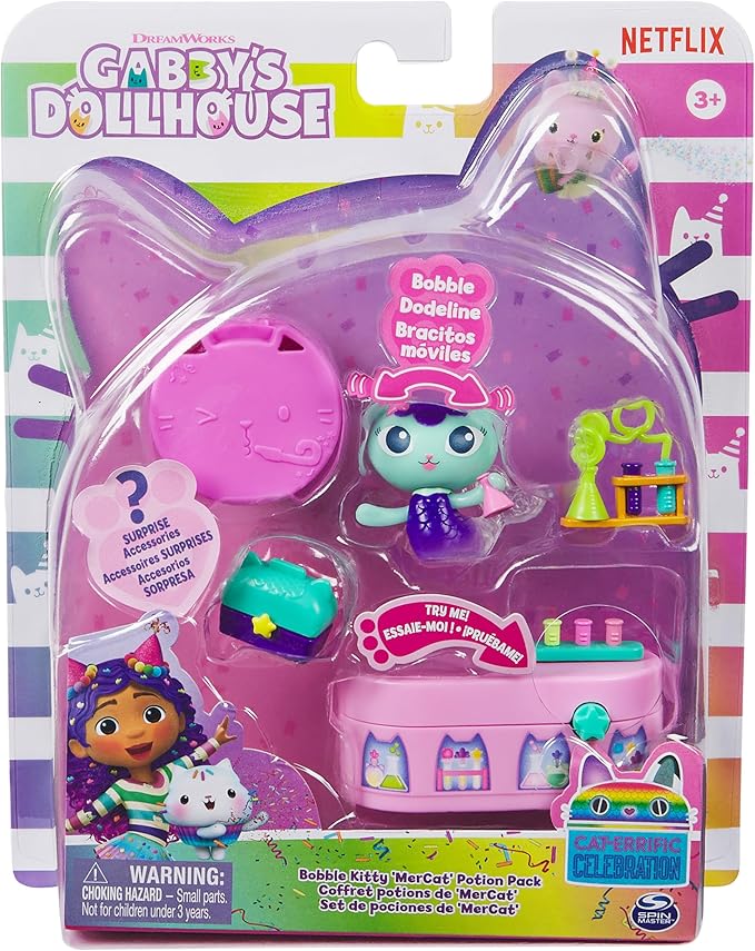 Gabby's Dollhouse, Celebration Series Mercat Bobble Figure with Dollhouse Furniture and Accessories 3 and