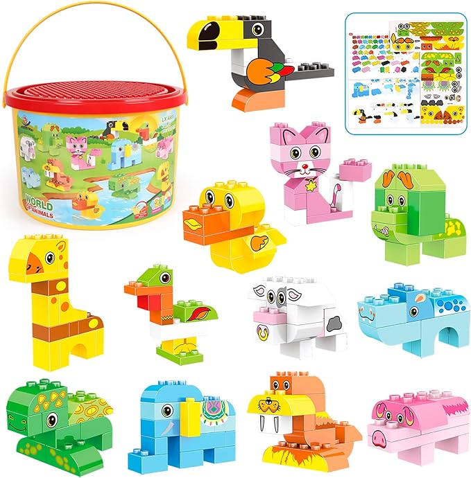 Animals Building Blocks Set, 122 Pieces Animal Building Toy Kit with Storage Box for Kids Ages 3 4 5 6 Years