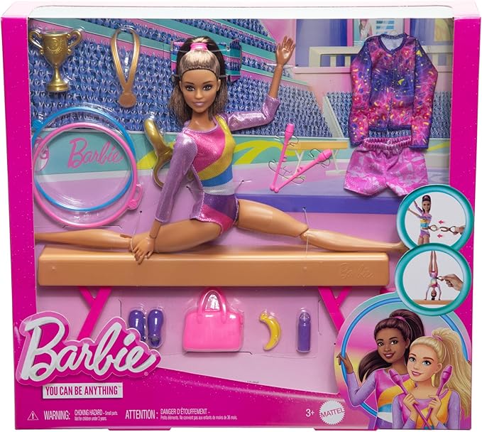Barbie Careers Playset, Gymnastics Set with Brunette Gymnast Fashion Doll, C-Clip for Flipping Action, Balance Beam, Warm-Up Suit & Accessories