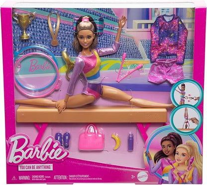 Barbie Careers Playset, Gymnastics Set with Brunette Gymnast Fashion Doll, C-Clip for Flipping Action, Balance Beam, Warm-Up Suit & Accessories