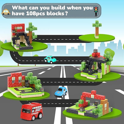 Magnetic Blocks 110PCS with 5 Car Toys, City Building Blocks Set, Toys for Boys & Girls Age 4-6, 6-8, Stacking Building Toys for Toddlers Sensory Toy for Kids 3+