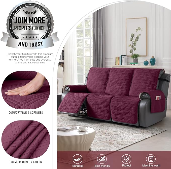 TAOCOCO 100% Waterproof Recliner Sofa Cover, Non Slip Split Couch Covers for Reclining Couches with Elastic Straps, Washable Reclining Sofa Cover Furniture Protector for Kids Pets(3 Seater, Wine)