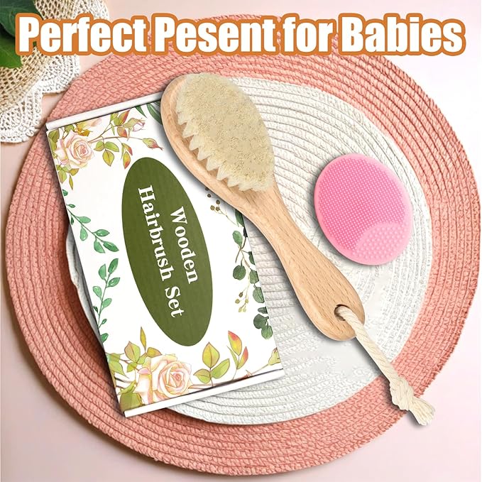 Wooden Soft Goat Bristles Brush with Baby Silicone Hair Scrubber Cradle Cap Brush for Newborn, Toddler, Infant, Baby Hair Care Kit (Pink)