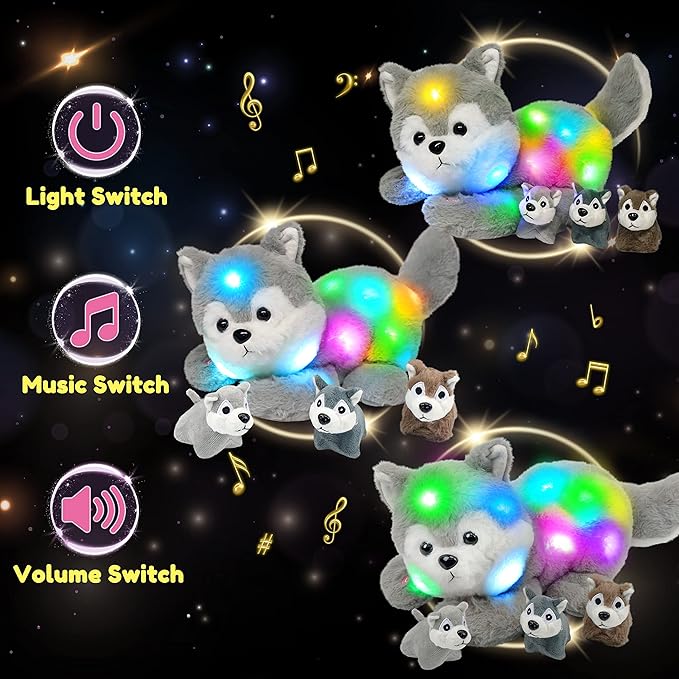 Hopearl LED Musical Stuffed Husky Lighting Up Singing Plush Toy Playset Mommy Dog with 3 Baby Puppies in her Tummy Lullaby Animated Soothe for Mom Toddler Girls, Gray 17''