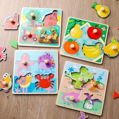 LovesTown 4PCS Wooden Peg Puzzles, Knob Puzzles with Handles Puzzles