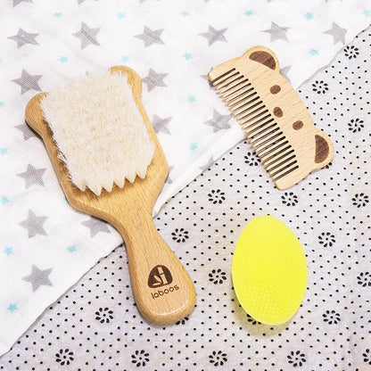 Baby Hair Brush and Comb Set for Newborns & Toddlers - Wooden Handle and Natural Soft Goat Bristles,Gentle Cradle Cap Care,Baby Massage and Scalp Brush,Ideal Baby Registry Gift,Beech with Cute Bear