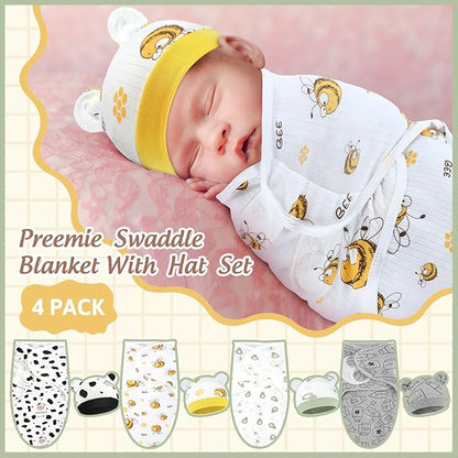 Buryeah 4 Pack Preemie Swaddle Blanket Wrap Set with Hat for Baby Boys Girls 3-7 Lbs Preemie Newborn Clothes Sleepers Cap
