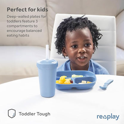 Re-Play Made in USA 7" Deep Walled Divided Plates for Kids, Set of 3 With 3 Lids - Reusable 3 Compartment Plates, Dishwasher and Microwave Safe - 7.37" x 7.37" x 1.25", Butterfly