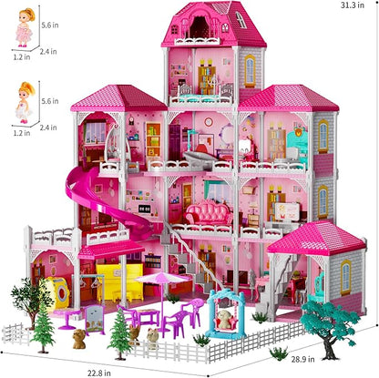 TEMI Villa Toys for 3 4 5 6 7 8 Years Old Girls - 4 Storeys 12 Rooms, Indoor Playset with 2 Dolls Toy Figures, Toys Furniture and Accessories, Pretend Girls Plays, Building Toys, Gifts Toy