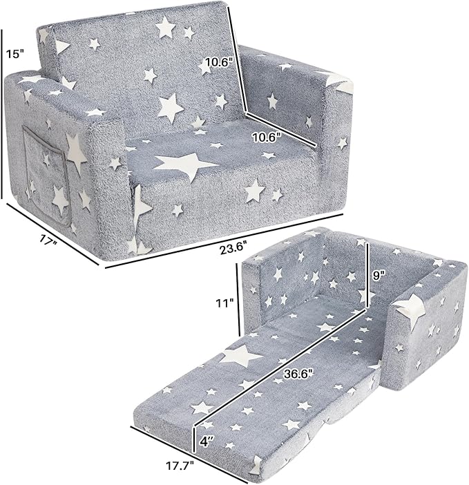 ALIMORDEN 2-in-1 Flip Out Cuddly Sherpa Toddler Couch, Convertible Sofa to Lounger, Star