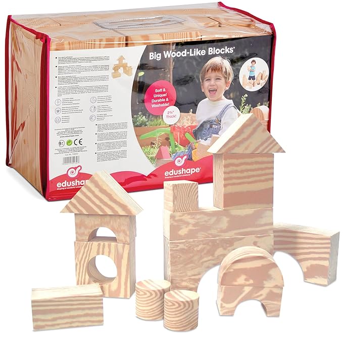 Edushape Wood-Like Soft Baby Blocks for Toddlers 1-3, 32 Pieces Big Size - Edu-Blocks Soft Blocks Foam Blocks