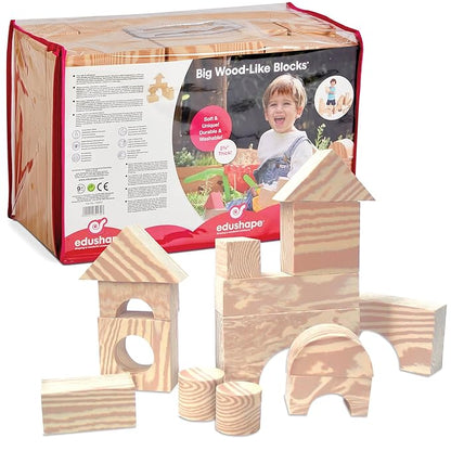 Edushape Wood-Like Soft Baby Blocks for Toddlers 1-3, 32 Pieces Big Size - Edu-Blocks Soft Blocks Foam Blocks