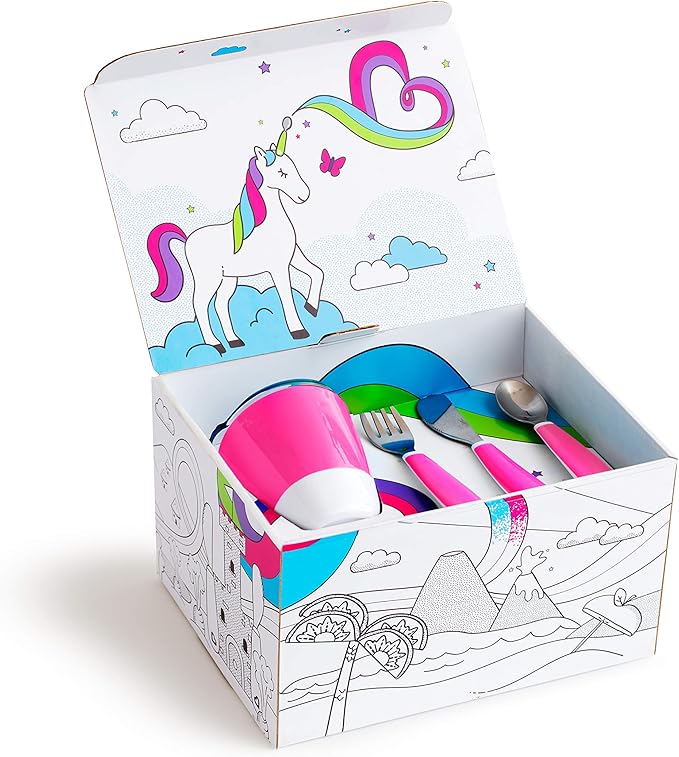 Munchkin® Color Me Hungry 7pc Toddler Feeding Supplies Set, Includes Plates, Bowl, Open Cup and Utensils in a Gift Box, Pink
