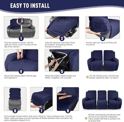 KinCam Recliner Covers, Stretch Reclining Chair Covers, Recliner Sofa Slipcovers Stripe Jacquard Recliner Couch Covers Furniture Protector Covers for Pet Kid (3 Seater, Dark Blue)
