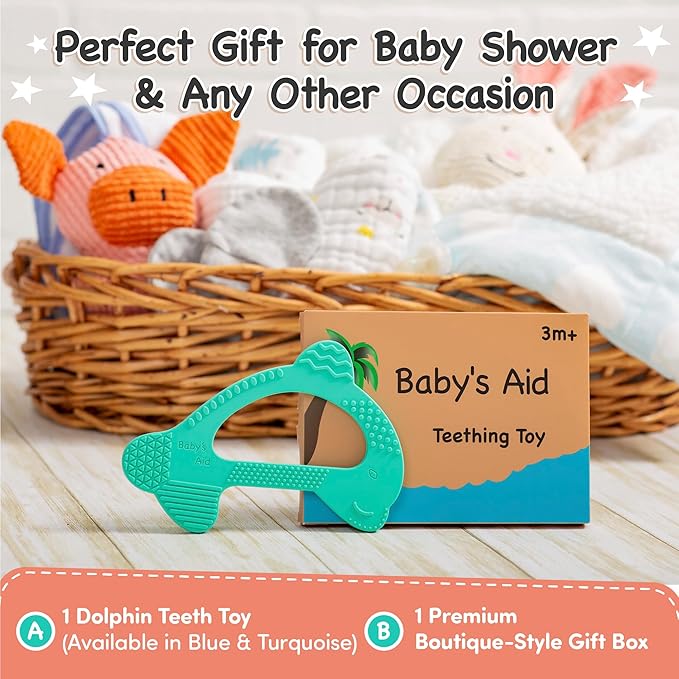 Baby’s Aid Dolphin Silicone Baby Teether, Easy to Hold Teething Toy for Pain Relief 3+ Months, 8X Teething