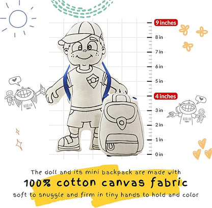 Color Your Boy Doll - Washable Art Toy with Cap & Mini Backpack - Educational Craft for Creative Play - Washable Markers Included