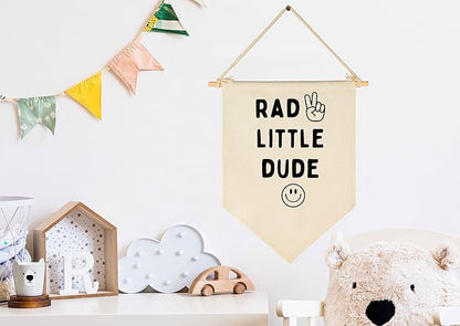 Rad Little Dude - Smiley Peace Sign -Flag Decor Gifts for Boys Kids-Banner Wall Sign Gifts for Nursery,Baby Room