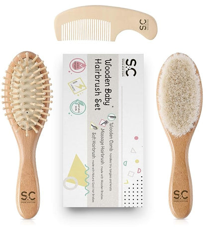 Baby Hair Brush and Baby Comb Set for Newborn, Boy and Girl - Wooden Baby Brush w/Soft Goat Bristles for Cradle Cap - Infant, Toddler Hair Brush, Baby Grooming kit, Soft Hair Brush by Stone & Clark