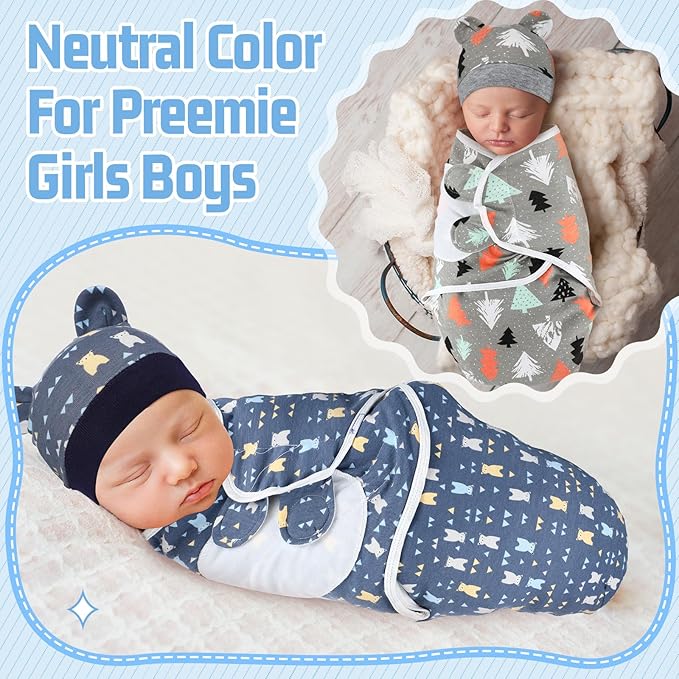 Buryeah 4 Pack Preemie Swaddle Blanket Wrap Set with Hat for Baby Boys Girls 3-7 Lbs Preemie Newborn Clothes Sleepers Cap