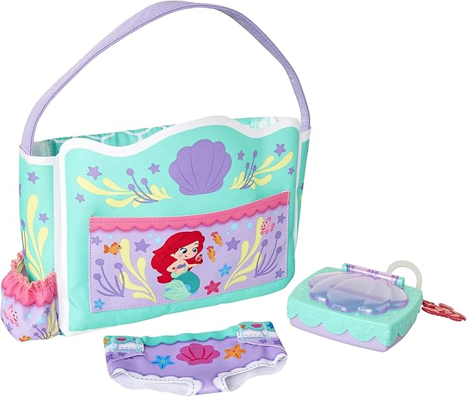 My Disney Nursery Baby Doll Accessories, Ariel Transforming 2-in-1 Diaper Bag & Changing Pad for Dolls Inspired by Disney The Little Mermaid! Pretend Wipes Toy Container
