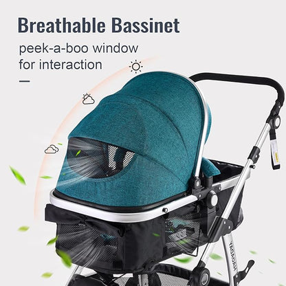 Baby Stroller, 2-in-1 Reversible Toddler Seat with Lie-Flat Mode, Foldable Infant Stroller with Canopy, One Button Brake, Adjustable Handle, Newborn Pushchair(Blue)