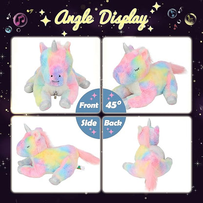 Hopearl LED Musical Stuffed Unicorn Playset Lighting Up Singing Plush Toy Mommy Unicorn with 3 Baby Unicorns in her Tummy Lullaby Animated Soothe for Mom Toddlers Girls, Rainbow 19''