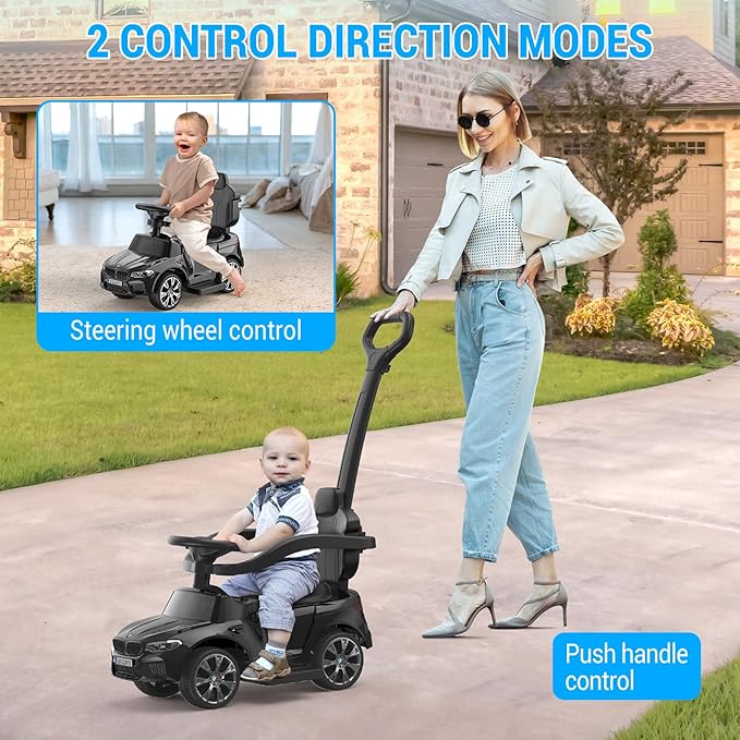 Hetoy Push Cars for Toddlers 1-3 Boys Girls，4-in-1 Ride On Cars Licensed BMW with Horn, Music