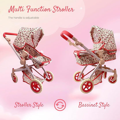 Convertible Combo Baby Doll Stroller for 3 Year Old Girls & Up | Play Toy Baby Stroller for Dolls, Folding Adjustable Bassinet Carriage Buggy with Storage Basket Converts to Sit Up Pushcart Pram