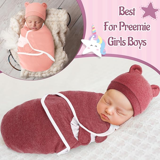 Buryeah 4 Pack Preemie Swaddle Blanket Wrap Set with Hat for Baby Boys Girls 3-7 Lbs Preemie Newborn Clothes Sleepers Cap
