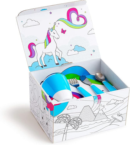 Munchkin® Color Me Hungry 7pc Toddler Feeding Supplies Set, Includes Plates, Bowl, Open Cup and Utensils in a Gift Box, Blue