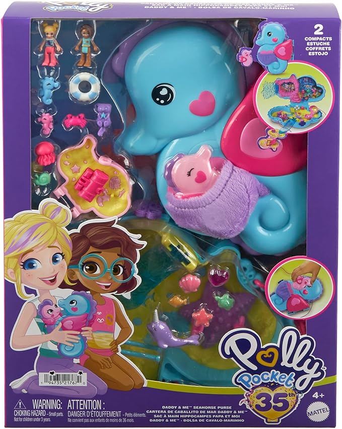 Polly Pocket - Seahorse Bag, 2-in-1 Playset with Polly and Shani Dolls 13 Accessories 4+ Years, HWP03