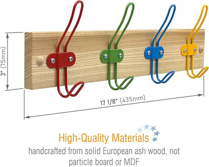 Kids Coat Hook Rack for Boys and Girls for Jackets Clothes Hats Backpacks Robes and Towels - Kids Hanger for Use in Nursery Bedroom and Bathroom - Colorful Wire Hooks and Lacquer Rail