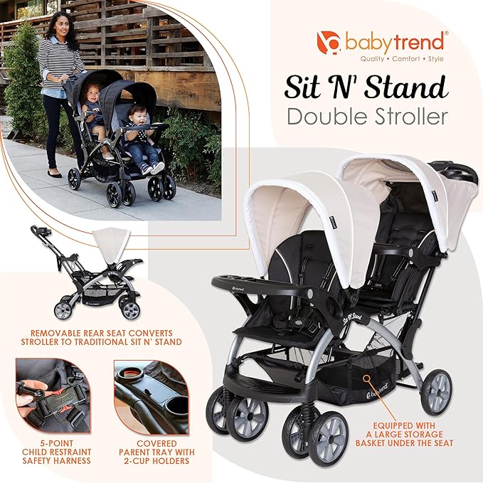 Baby Trend Infant and Toddler Double Stroller & 2 Car Seat Combo, 3 Pc Set, Khaki - Portable and Lightweight Stroller Duo and Car Seat Travel System Tandem