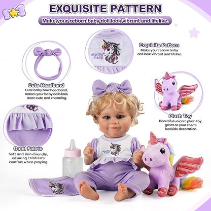 JIZHI 7 Pcs Reborn Baby Doll Clothes with Baby Doll Accessories Set for 8-9-10 Inch Dolls, Floral Pattern Baby Doll Bassinet and Unicorn Toy for Realistic Baby Doll Girls
