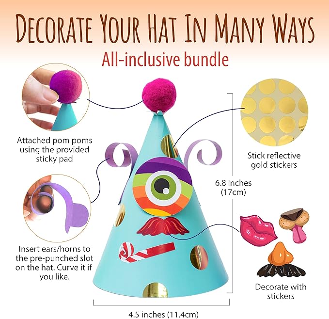 Glittery Garden 24 Pcs Party Hats Birthday Activity Kit with Stickers - Kids Fun Arts & Crafts. Make Your Own Animal & Monster Theme Party Favors & Game Supplies