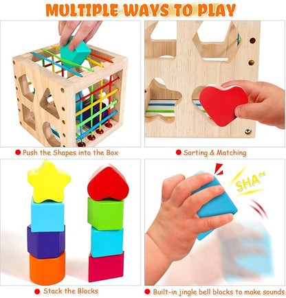 HELLOWOOD Montessori Toys for 1+ Year Old, Wooden Sorter Cube with 8pcs Rattling Shapes